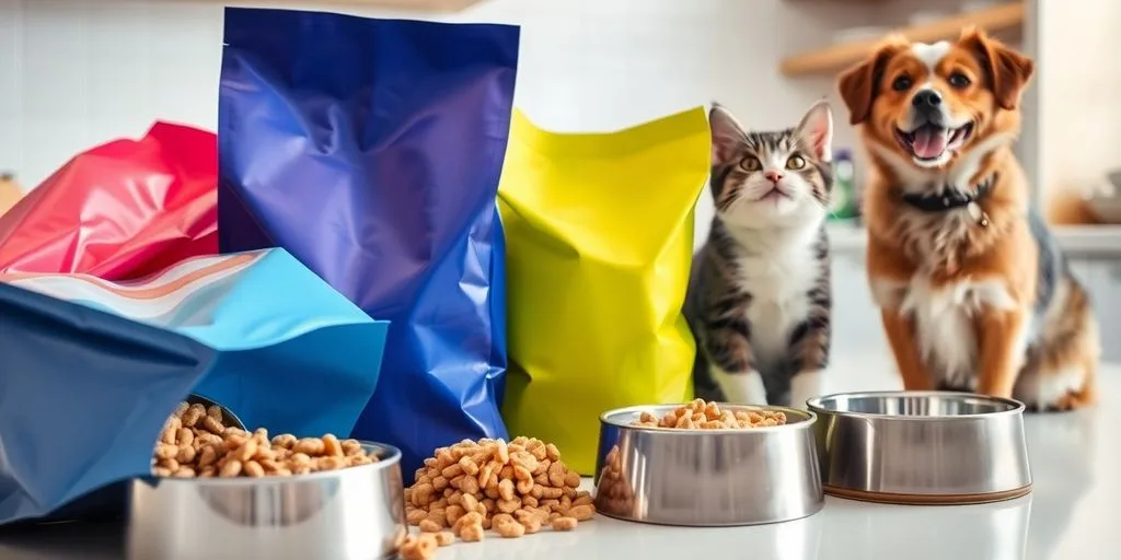 Pet food bags and bowls with happy pets.