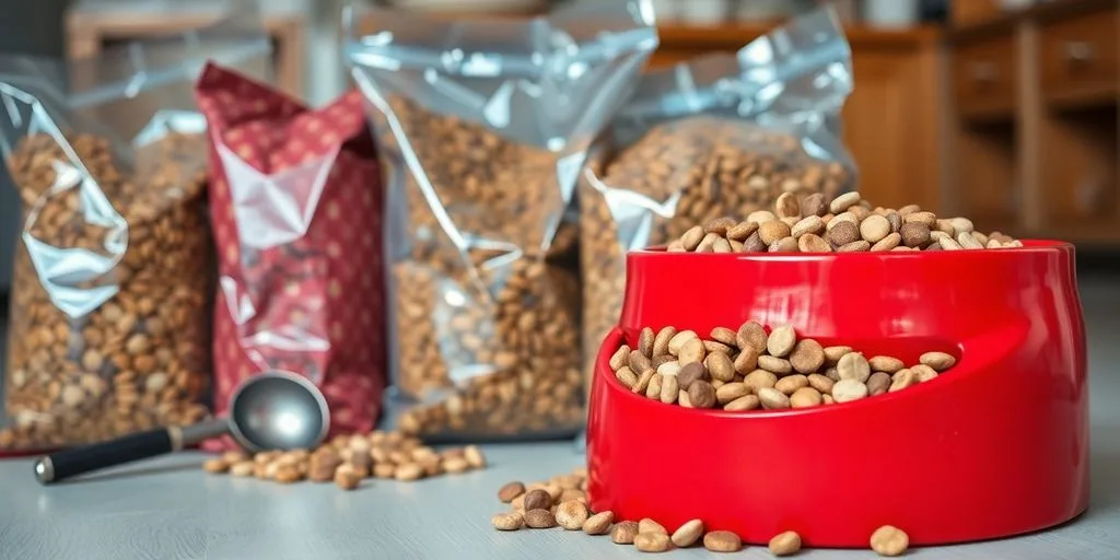 Pet food bags, scoop, and full pet bowl.