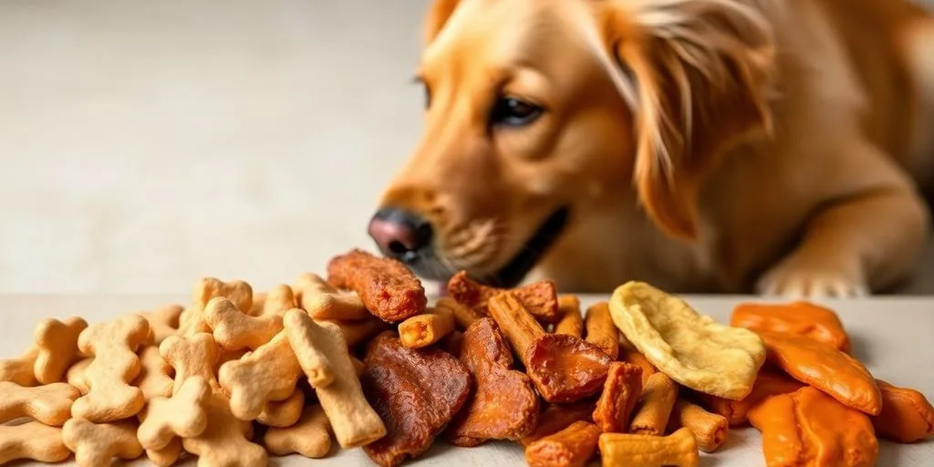 Assorted healthy dog treats arranged with a happy dog.