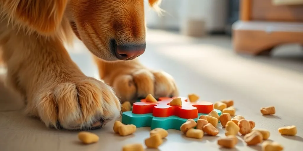 Dog playing with puzzle toy, treats dispensing.