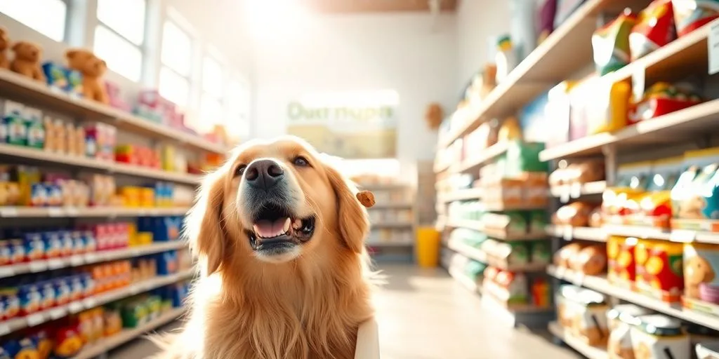 Happy dog receiving treat at pet store counter.