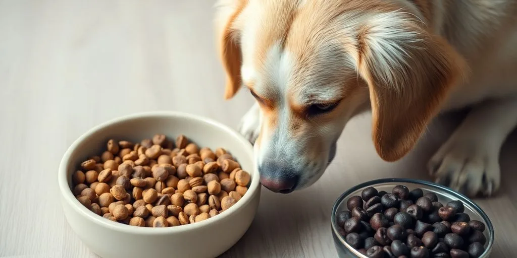 Dog peacefully eating from a bowl of new pet food.