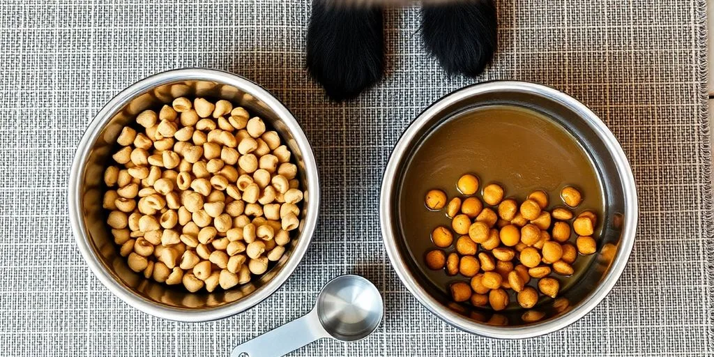 Pet food, bowls, and measuring scoop.