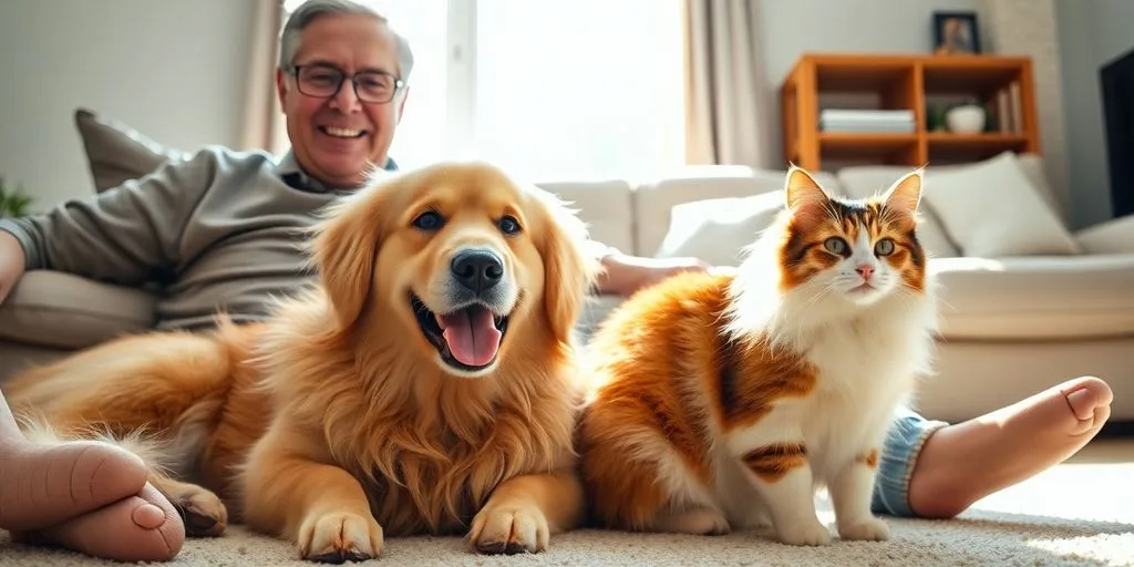 Happy overweight dog and cat with owner.