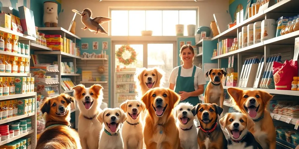 Happy pets and staff in a well-lit pet shop.